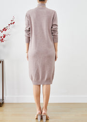 Beautiful Light Purple High Neck Button Knit Dress Winter