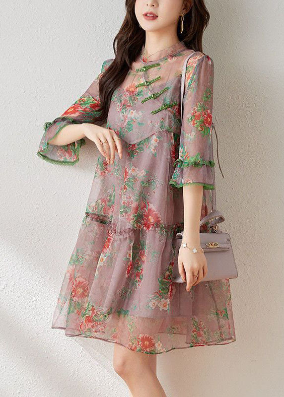 Beautiful Light Purple Ruffled Chinese Button Print Tulle Oriental Dre ...