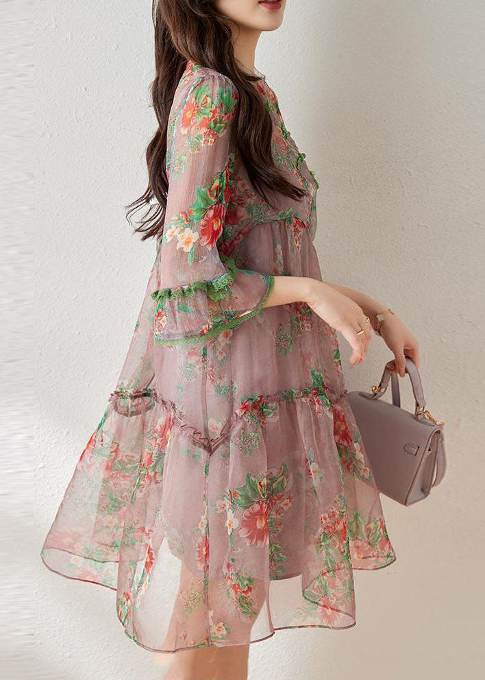 Beautiful Light Purple Ruffled Chinese Button Print Tulle Oriental Dresses Summer