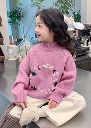 Beautiful Light Purple Turtleneck Floral Thick Cotton Knit Kids Sweaters Spring