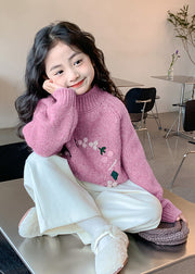 Beautiful Light Purple Turtleneck Floral Thick Cotton Knit Kids Sweaters Spring