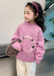 Beautiful Light Purple Turtleneck Floral Thick Cotton Knit Kids Sweaters Spring