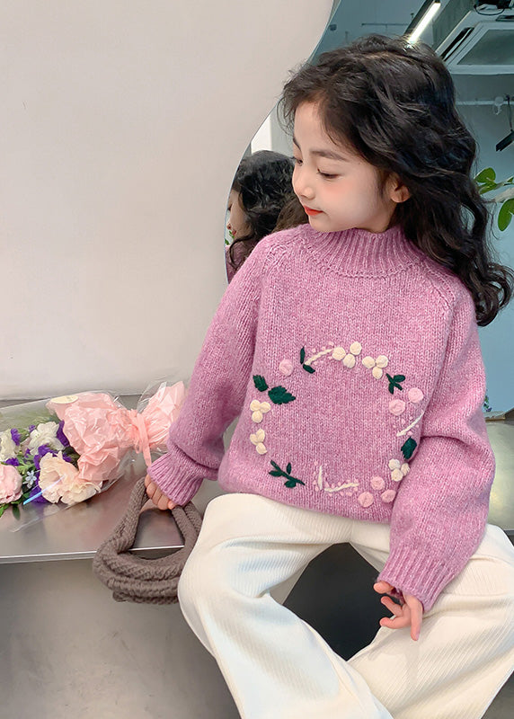 Beautiful Light Purple Turtleneck Floral Thick Cotton Knit Kids Sweaters Spring