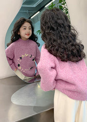 Beautiful Light Purple Turtleneck Floral Thick Cotton Knit Kids Sweaters Spring