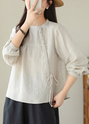 Beautiful Linen Stand Collar Lace Up Cotton Shirt Top Spring