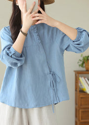 Beautiful Linen Stand Collar Lace Up Cotton Shirt Top Spring