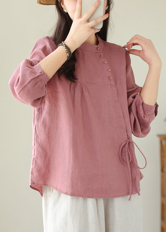 Beautiful Linen Stand Collar Lace Up Cotton Shirt Top Spring