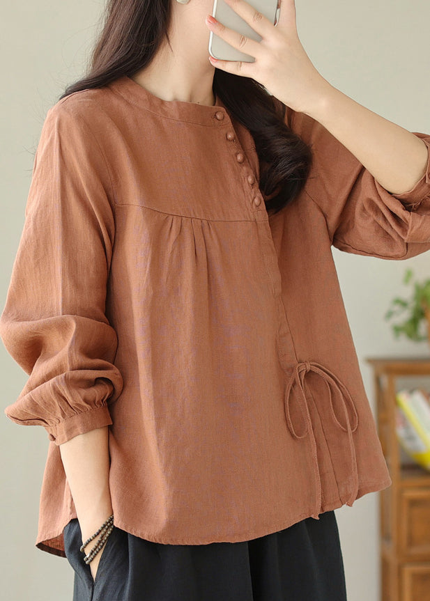 Beautiful Linen Stand Collar Lace Up Cotton Shirt Top Spring