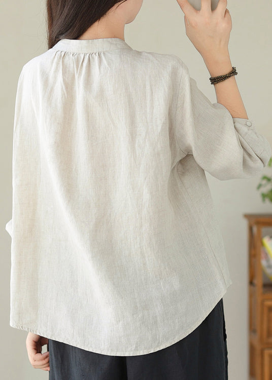 Beautiful Linen Stand Collar Lace Up Cotton Shirt Top Spring