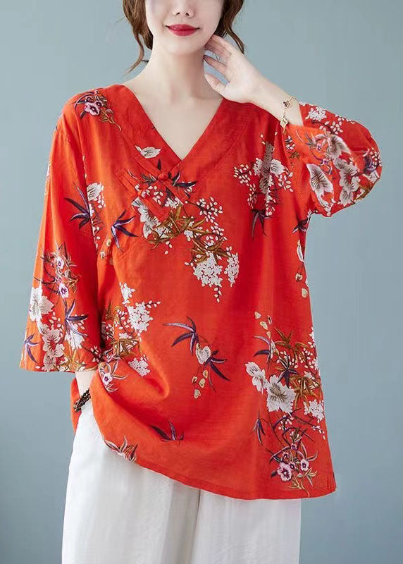 Beautiful Loose Red V Neck Print Cotton Top Summer