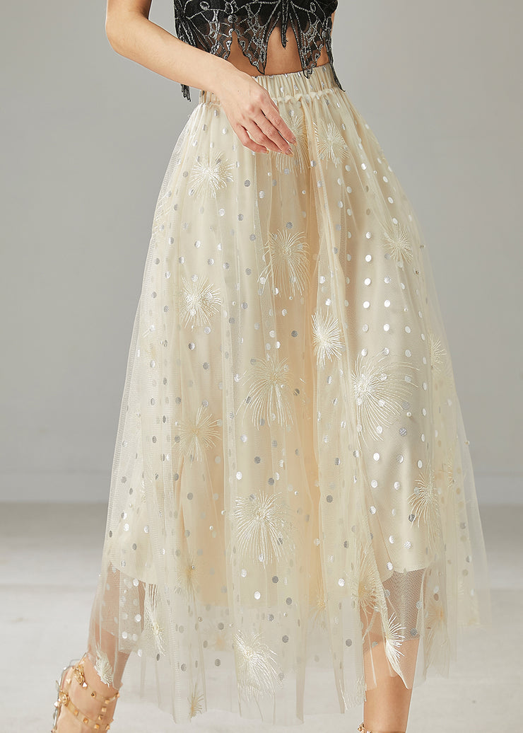 Beautiful Milk White Embroidered Sequins Tulle Skirts Summer