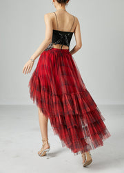 Beautiful Mulberry Asymmetrical Patchwork Wrinkled Tulle Skirt Summer