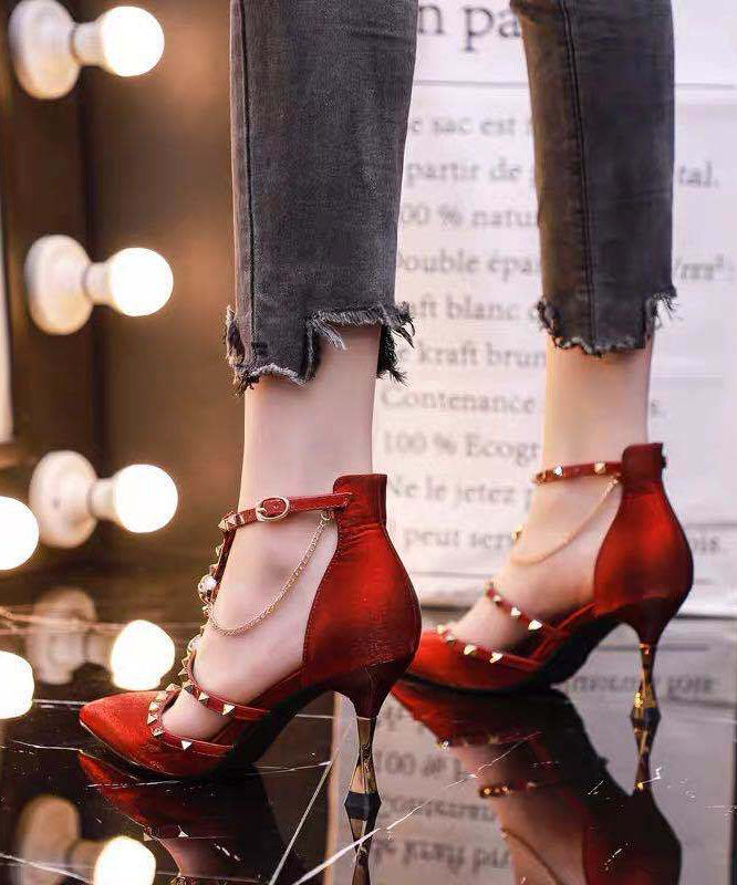 Beautiful Mulberry Pointed Toe Hollow Out Rivet High Heel Sandals