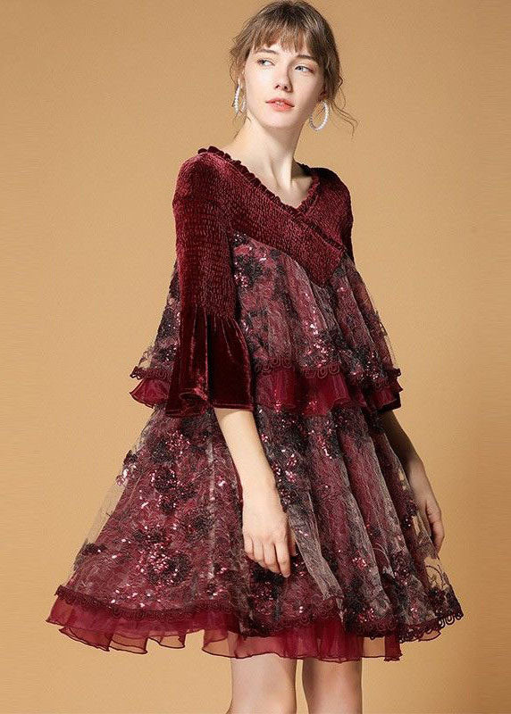 Beautiful Mulberry V Neck Organza Patchwork Silk Velour Dresses Flare Sleeve