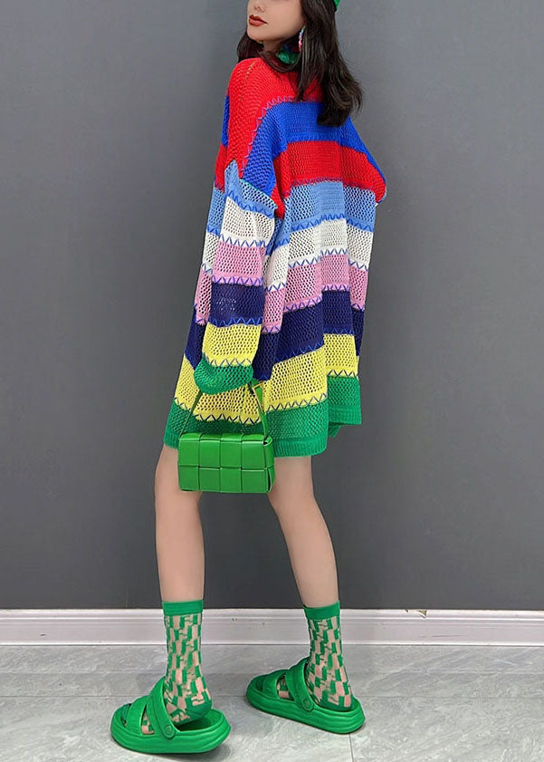 Beautiful Multi Striped O-Neck Hollow Out Knit Sweater Dress Winter