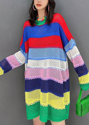 Beautiful Multi Striped O-Neck Hollow Out Knit Sweater Dress Winter