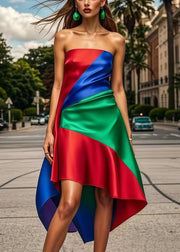 Beautiful Multicolor Asymmetrical Patchwork Silk Strapless Dress Summer