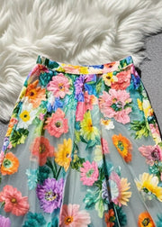 Beautiful Multicolor Floral Print Tulle Skirt Summer