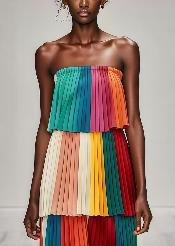 Beautiful Multicolor Layered Wrinkled Chiffon Strapless Dress Summer