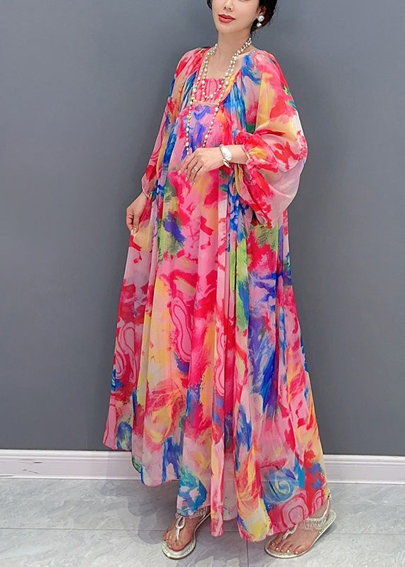 Beautiful Multicolor Square Collar Print Chiffon Maxi Dress Long Sleeve