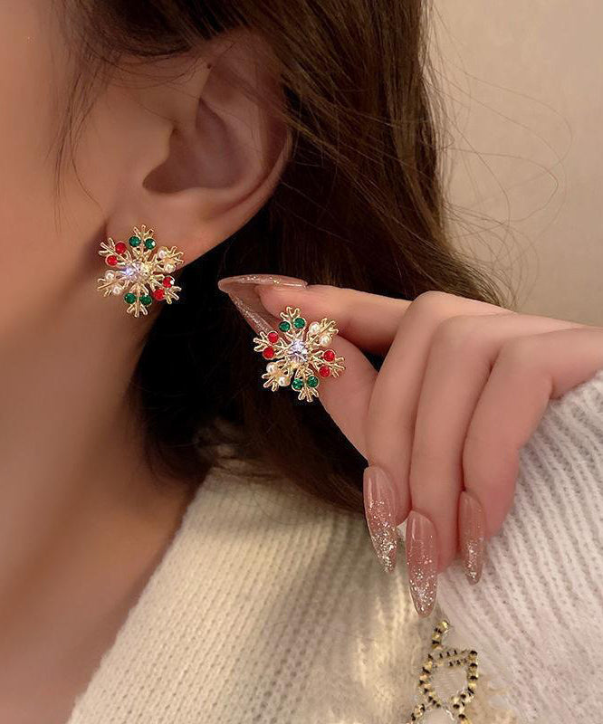 Beautiful Multicolor Sterling Silver Overgild Asymmetric Crystal Snowflake Pronghorn Stud Earrings