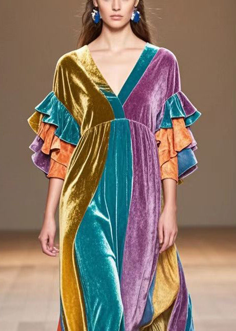 Beautiful Multicolor V Neck Patchwork Silk Velvet Maxi Dress Butterfly Sleeve