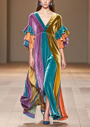 Beautiful Multicolor V Neck Patchwork Silk Velvet Maxi Dress Butterfly Sleeve