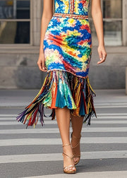 Beautiful Multicolou Print Knit Dresses Tasseled Summer