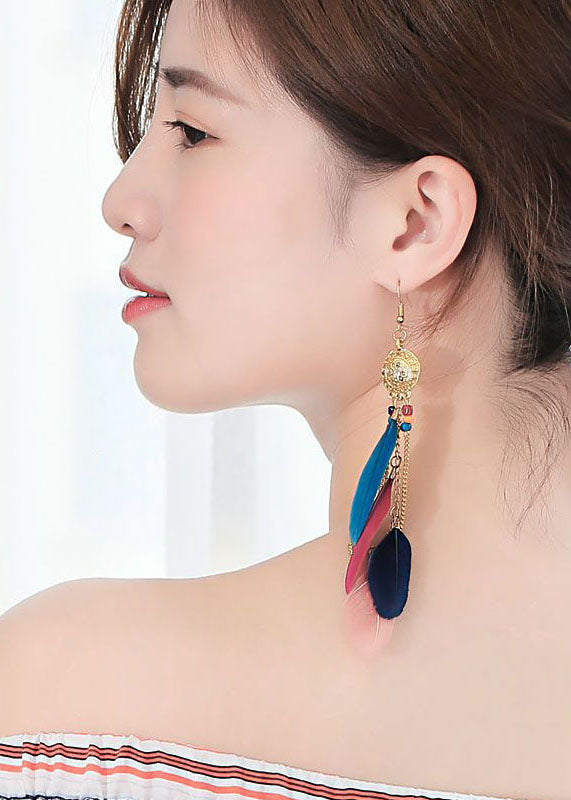 Beautiful Multicolour Feather Tassel Metal Drop Earrings