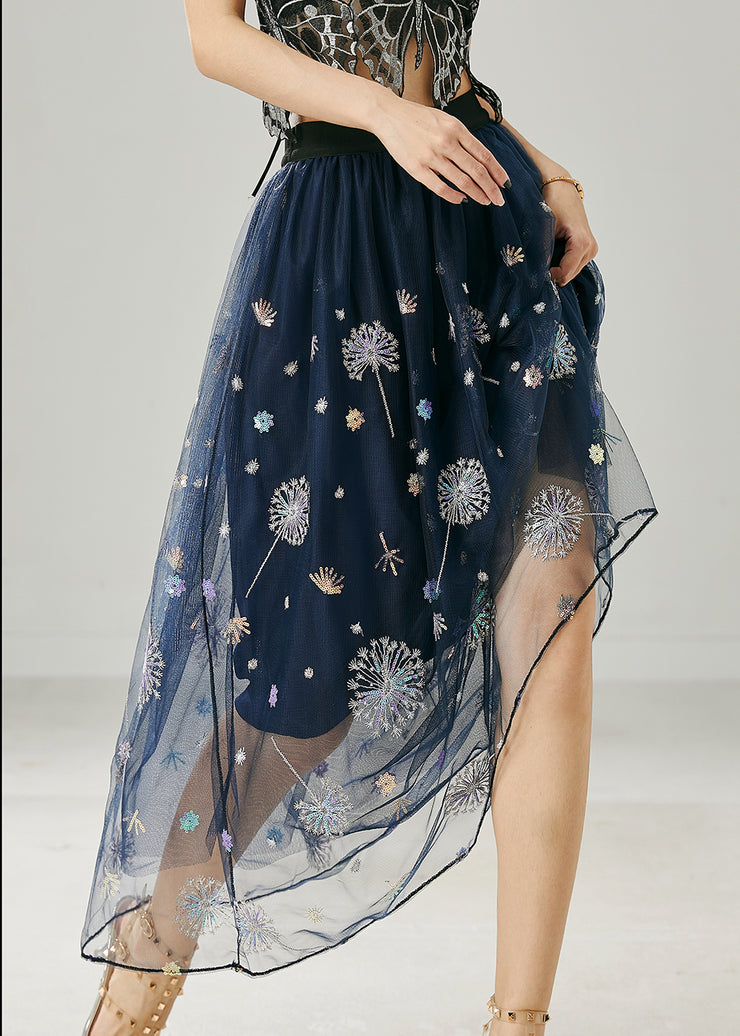 Beautiful Navy Dandelion Embroidered Tulle Skirts Summer