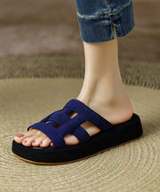 Beautiful Navy Hollow Out Peep Toe Platform Suede Slide Sandals