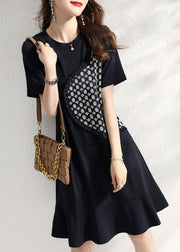 Beautiful Navy O Neck Ruffled Patchwork Cotton Dresses Summer