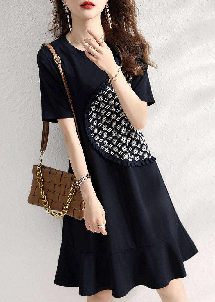 Beautiful Navy O Neck Ruffled Patchwork Cotton Dresses Summer