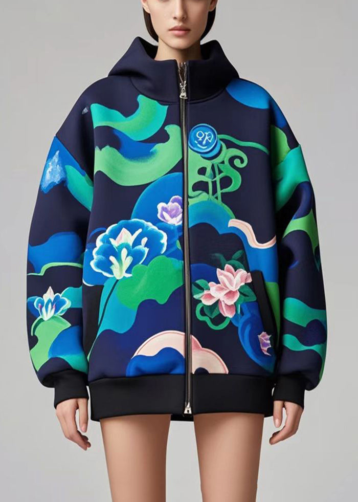 Beautiful Navy Oversized Print Cotton Hoodie Coat Fall