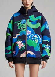 Beautiful Navy Oversized Print Cotton Hoodie Coat Fall