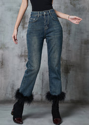 Beautiful Navy Patchwork Feather Denim Pants Trousers Spring