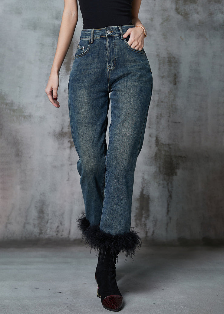 Beautiful Navy Patchwork Feather Denim Pants Trousers Spring