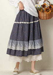 Beautiful Navy Print Lace Elastic Waist Cotton Skirt Spring