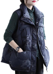 Beautiful Navy Print Zippered  Pockets Duck Down Waistcoat Winter