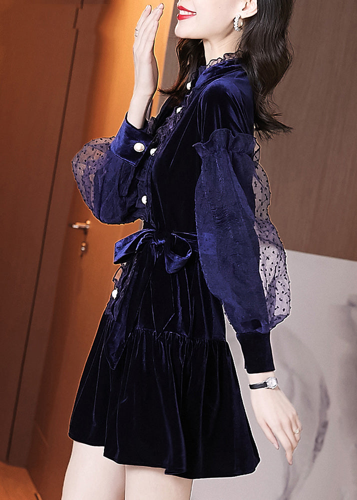 Beautiful Navy Ruffled Tie Waist Patchwork Velour Dresses Puff Sleeve