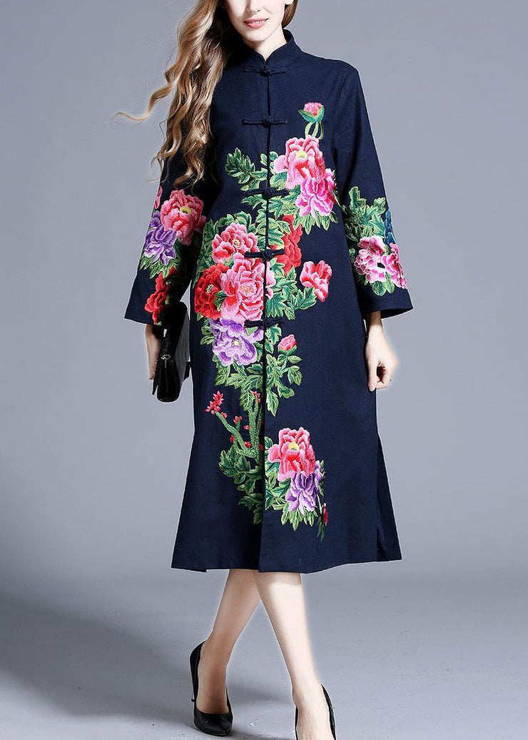 Beautiful Navy Stand Collar Embroideried Floral Button Coats Long Sleeve