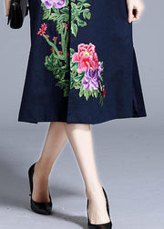 Beautiful Navy Stand Collar Embroideried Floral Button Coats Long Sleeve