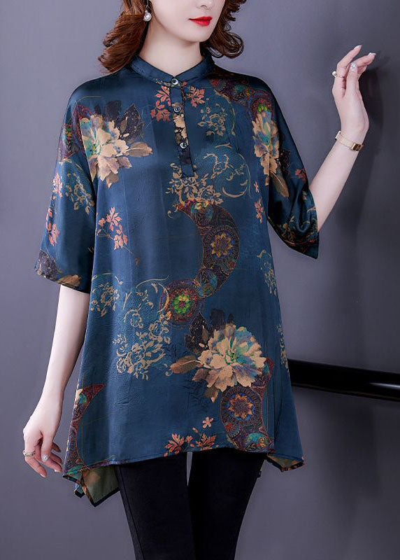 Beautiful Navy Stand Collar Print Silk Tops Half Sleeve