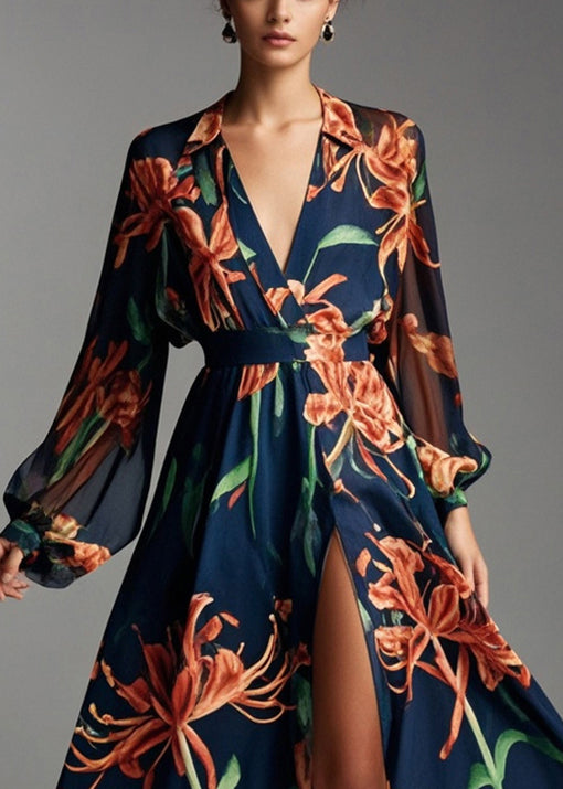 Beautiful Navy V Neck Print Chiffon Beach Dresses Fall