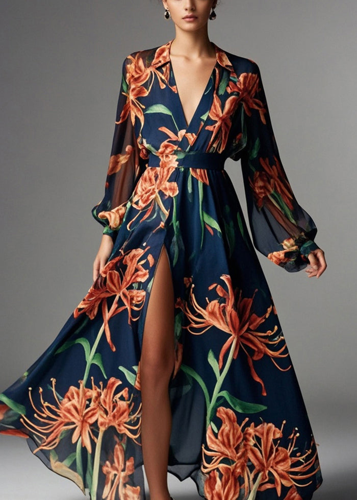 Beautiful Navy V Neck Print Chiffon Beach Dresses Fall