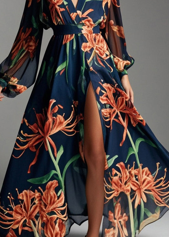 Beautiful Navy V Neck Print Chiffon Beach Dresses Spring