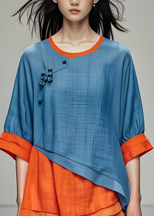 Beautiful O Neck Asymmetrical Patchwork Cotton Top Summer