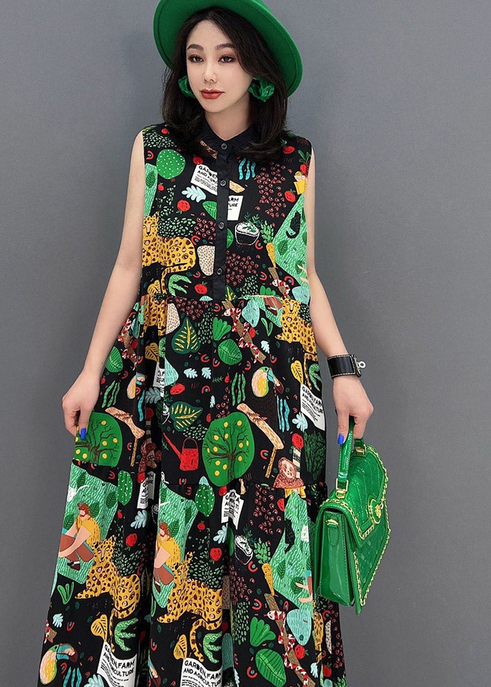 Beautiful O-Neck Print Button Pockets Long Dress Sleeveless