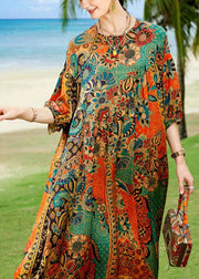 Beautiful O-Neck Print Silk Dress Long Sleeve