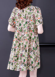 Beautiful O-Neck Print Wrinkled Chiffon Mid Dresses Short Sleeve